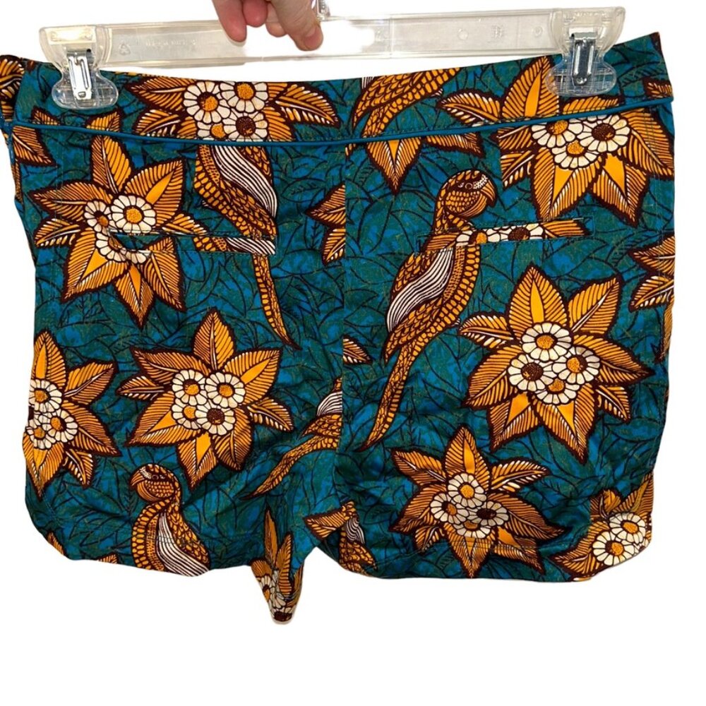 Anthropologie Elevenses teal orange tropical Indonesian BATIK bird shorts 8 - Picture 3 of 4